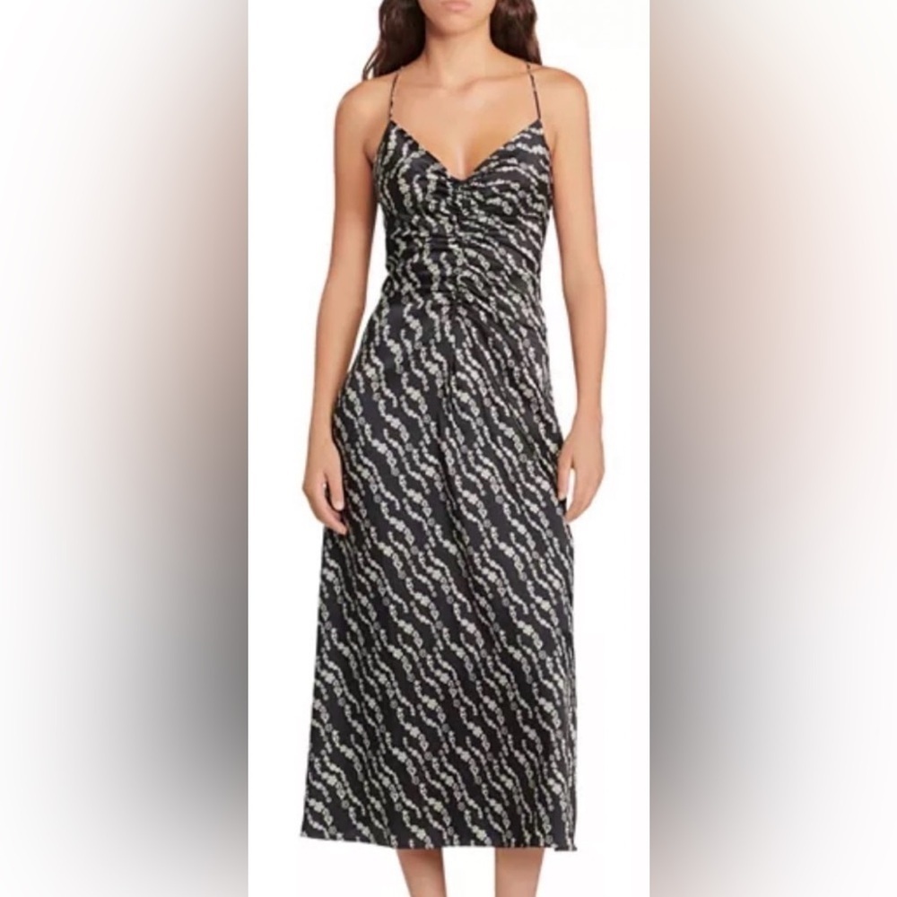 SANDRO Paris Ruched Printed Twill Midi Slip Dress – Size 34 (Approx US 2) – EUC